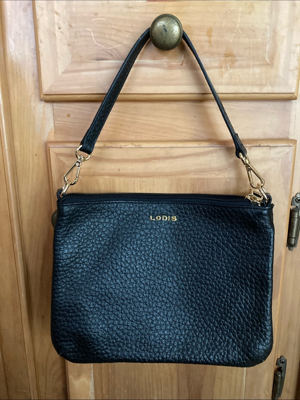 Lodis Navy Pebbled Leather Crossbody with Gold Chain - Picture 6 of 8